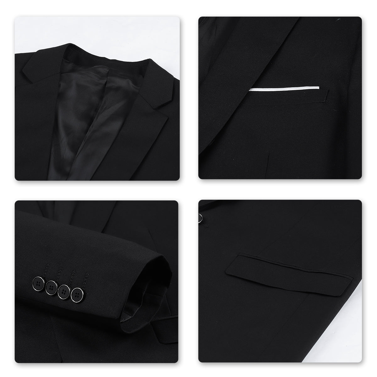 Black # Men's one-button casual blazer with flat collar and single-breasted closure, stylish black sport coat jacket with premium polyester viscose blend fabric and eco-friendly buttons for business, office, wedding and daily wear, isolated on white background.