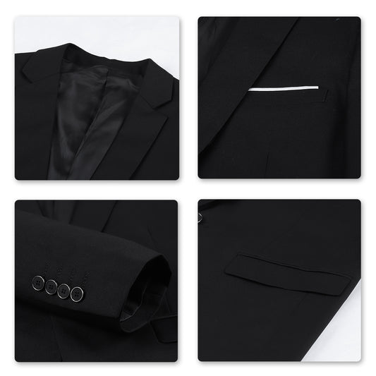 Black # Men's one-button casual blazer with flat collar and single-breasted closure, stylish black sport coat jacket with premium polyester viscose blend fabric and eco-friendly buttons for business, office, wedding and daily wear, isolated on white background.