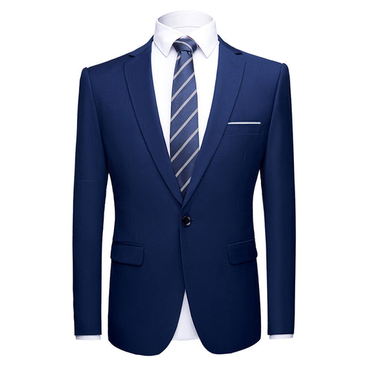 Navy # Men's one-button casual blazer with flat collar and single-breasted closure, stylish navy sport coat jacket with premium polyester viscose blend fabric and eco-friendly buttons for business, office, wedding and daily wear, isolated on white background.