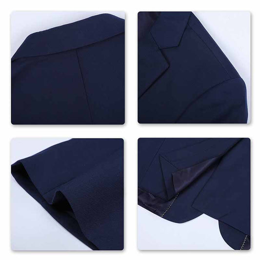 Navy # Men's one-button casual blazer with flat collar and single-breasted closure, stylish navy sport coat jacket with premium polyester viscose blend fabric and eco-friendly buttons for business, office, wedding and daily wear, isolated on white background.