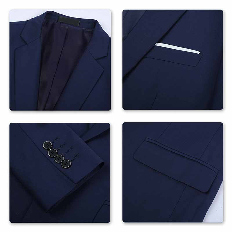 Navy # Men's one-button casual blazer with flat collar and single-breasted closure, stylish navy sport coat jacket with premium polyester viscose blend fabric and eco-friendly buttons for business, office, wedding and daily wear, isolated on white background.