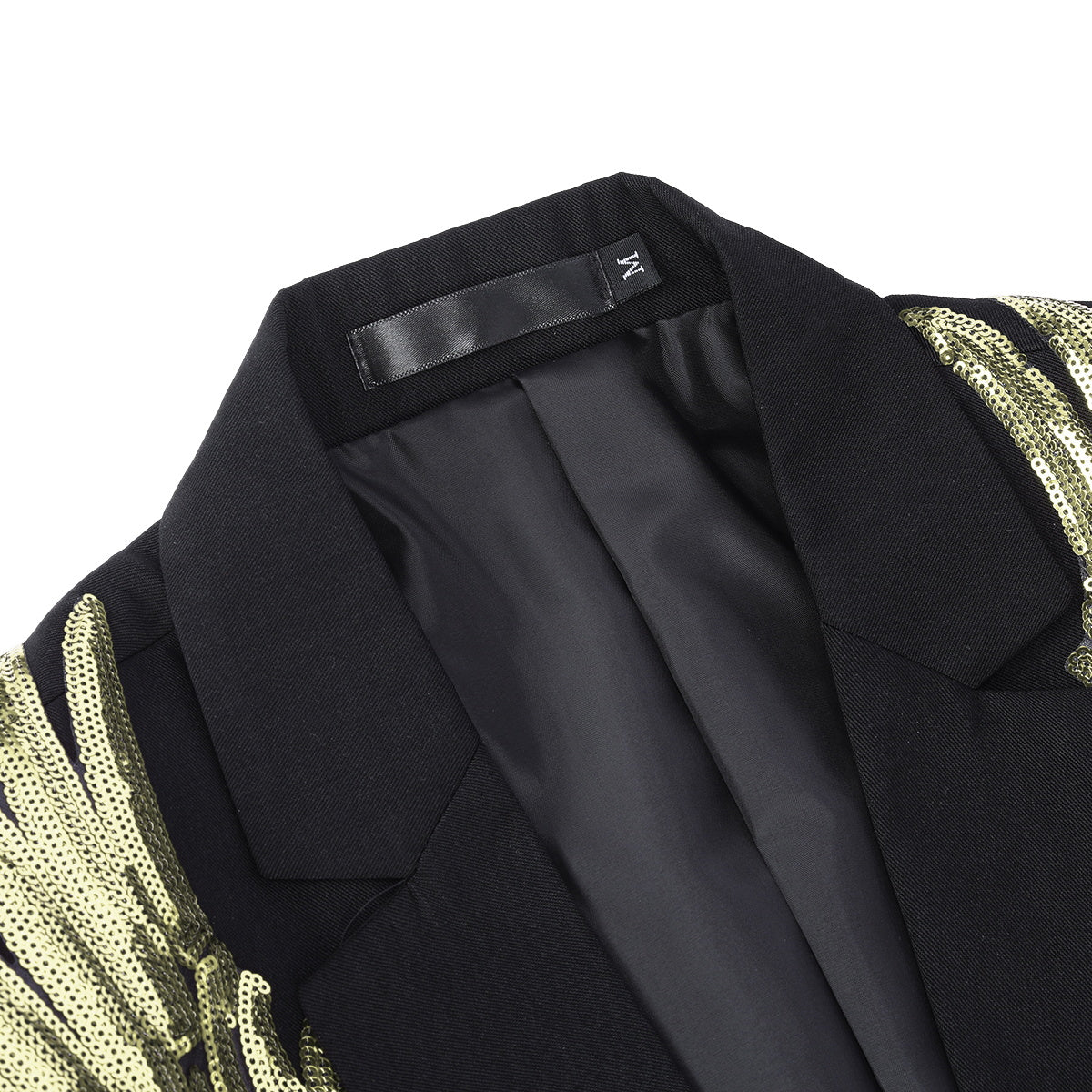 Black # Men's single-breasted notched lapel floral blazer with gold wings hot stamping print and center back vent, black dress sport coat with golden floral pattern and button closure for party, prom, banquet, show, festival and special occasions, isolated on white background.
