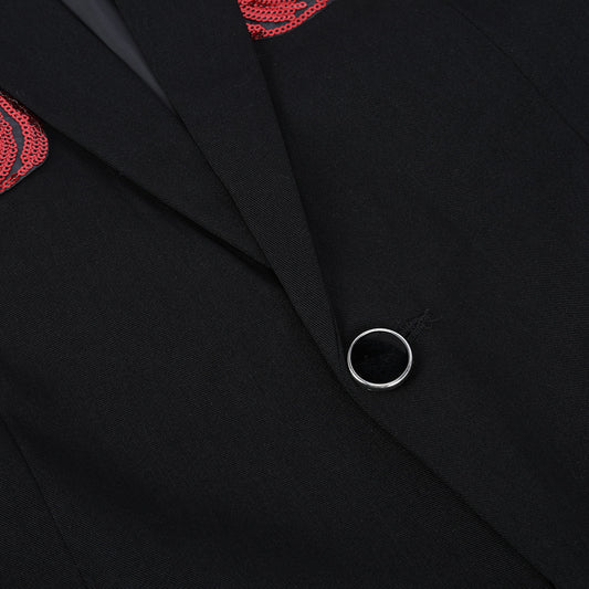 Black # Men's single-breasted floral blazer with notched lapel and center vent, black dress sport coat featuring hot stamping floral print for party, prom, banquet, show, festival and special occasions, isolated on white background.