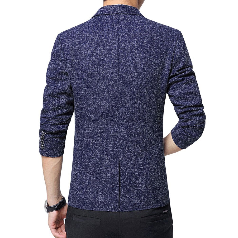 Blue # Men's one-button casual blazer with flat collar and single-breasted closure, stylish blue sport coat jacket with premium polyester viscose blend fabric and eco-friendly buttons for business, office, wedding and daily wear, isolated on white background.