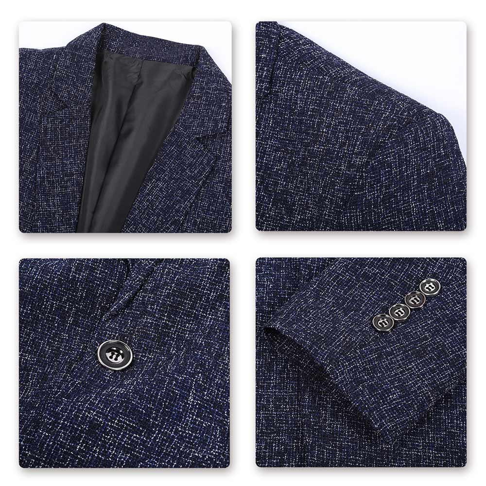Blue # Men's one-button casual blazer with flat collar and single-breasted closure, stylish blue sport coat jacket with premium polyester viscose blend fabric and eco-friendly buttons for business, office, wedding and daily wear, isolated on white background.