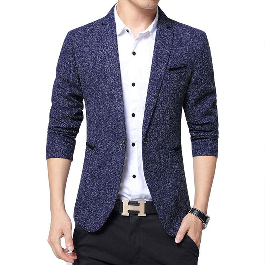 Blue # Men's one-button casual blazer with flat collar and single-breasted closure, stylish blue sport coat jacket with premium polyester viscose blend fabric and eco-friendly buttons for business, office, wedding and daily wear, isolated on white background.