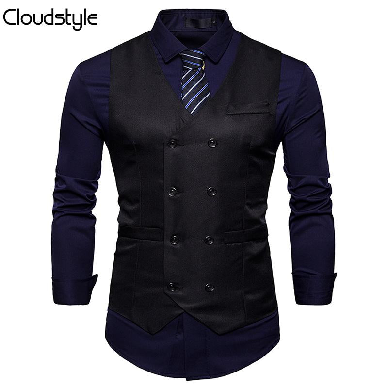 Black # Men's slim fit durable casual vest with v-neck and button closure, sleeveless waistcoat with adjustable strap belt and fully lined interior, versatile black polyester cotton blend vest for daily wear, business and party, isolated on white background.