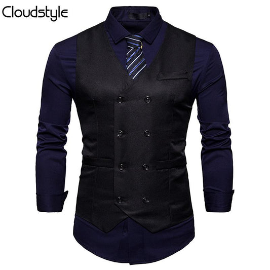 Black # Men's slim fit durable casual vest with v-neck and button closure, sleeveless waistcoat with adjustable strap belt and fully lined interior, versatile black polyester cotton blend vest for daily wear, business and party, isolated on white background.