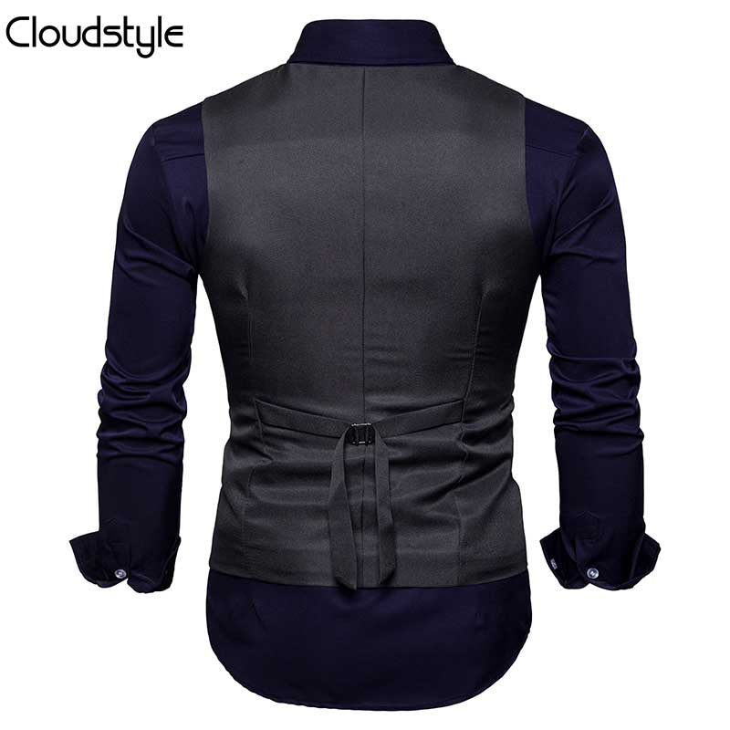 Black # Men's slim fit durable casual vest with v-neck and button closure, sleeveless waistcoat with adjustable strap belt and fully lined interior, versatile black polyester cotton blend vest for daily wear, business and party, isolated on white background.