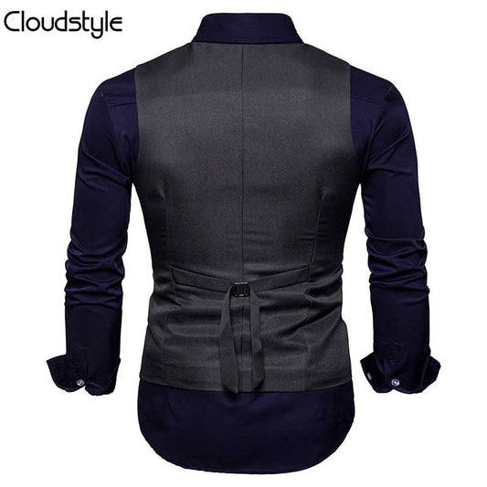 Black # Men's slim fit durable casual vest with v-neck and button closure, sleeveless waistcoat with adjustable strap belt and fully lined interior, versatile black polyester cotton blend vest for daily wear, business and party, isolated on white background.