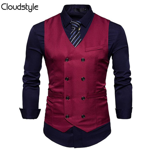 Maroon # Men's slim fit durable casual vest with v-neck and button closure, sleeveless waistcoat with adjustable strap belt and fully lined interior, versatile maroon polyester cotton blend vest for daily wear, business and party, isolated on white background.