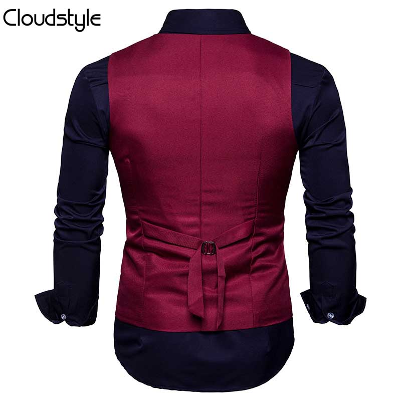 Maroon # Men's slim fit durable casual vest with v-neck and button closure, sleeveless waistcoat with adjustable strap belt and fully lined interior, versatile maroon polyester cotton blend vest for daily wear, business and party, isolated on white background.