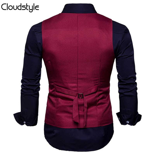 Maroon # Men's slim fit durable casual vest with v-neck and button closure, sleeveless waistcoat with adjustable strap belt and fully lined interior, versatile maroon polyester cotton blend vest for daily wear, business and party, isolated on white background.