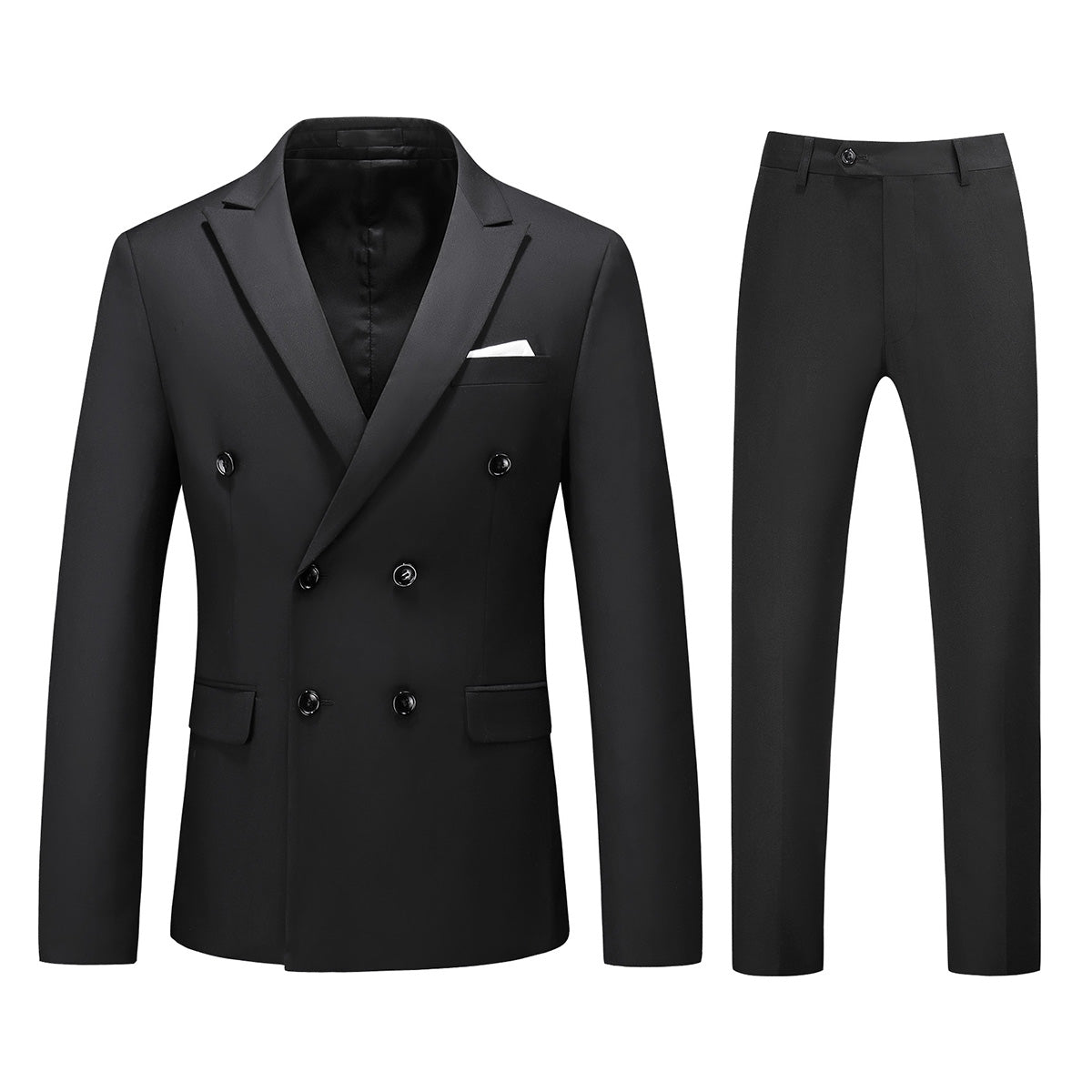 Black # Men's double breasted black suit, slim fit 2-piece formal attire with classic peaked lapel design, perfect for daily office and wedding events, studio photography on clean white background.