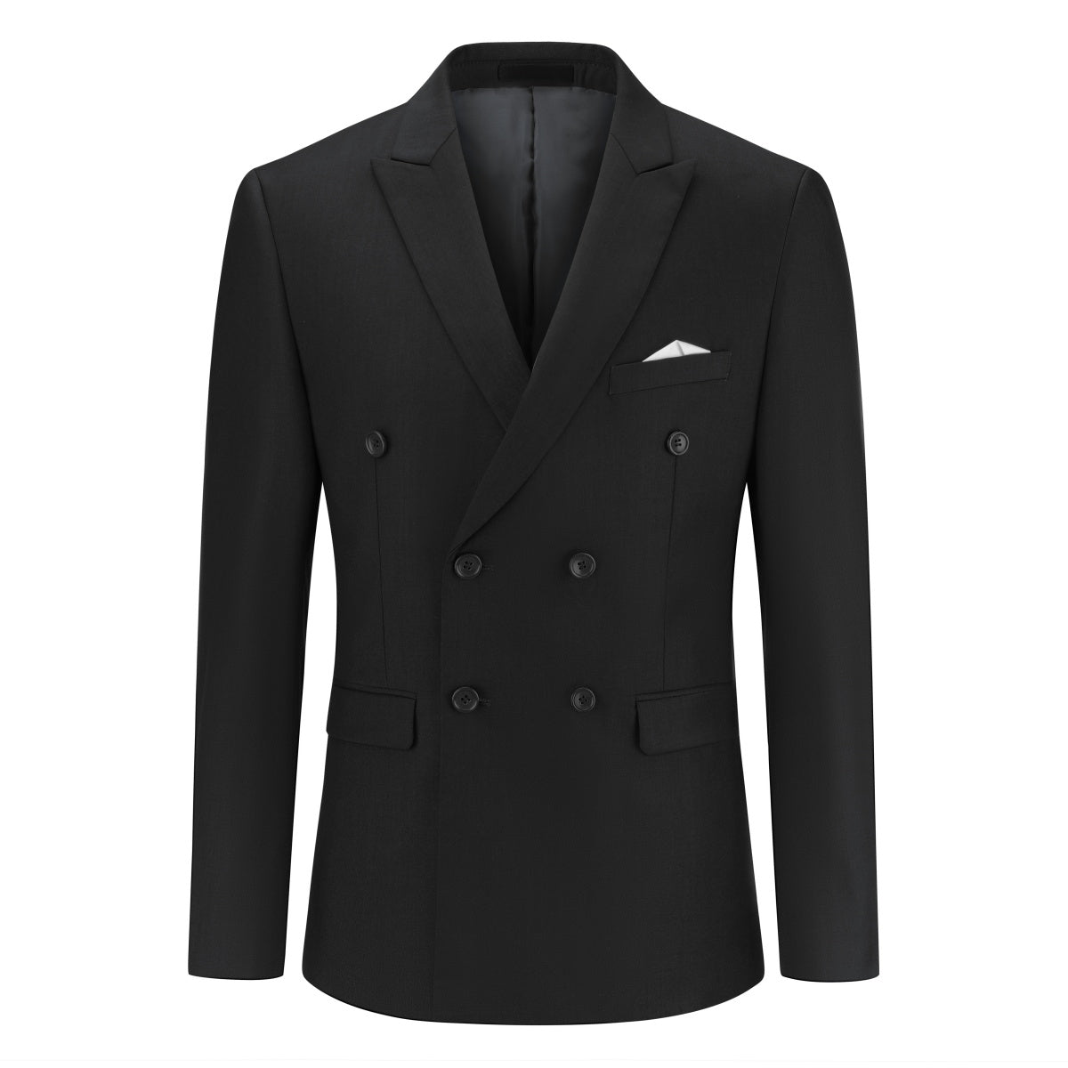 Black # Men's double breasted black suit, slim fit 2-piece formal attire with classic peaked lapel design, perfect for daily office and wedding events, studio photography on clean white background.