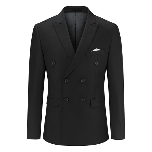 Black # Men's double breasted black suit, slim fit 2-piece formal attire with classic peaked lapel design, perfect for daily office and wedding events, studio photography on clean white background.