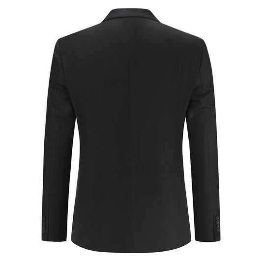 Black # Men's double breasted black suit, slim fit 2-piece formal attire with classic peaked lapel design, perfect for daily office and wedding events, studio photography on clean white background.