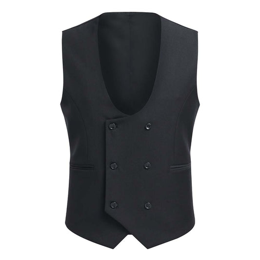 Black # Men's slim fit double breasted vest with u-neck and button closure, sleeveless waistcoat with adjustable strap belt and fully lined interior, versatile black formal vest for wedding, banquet, party, business and daily wear, isolated on white background.
