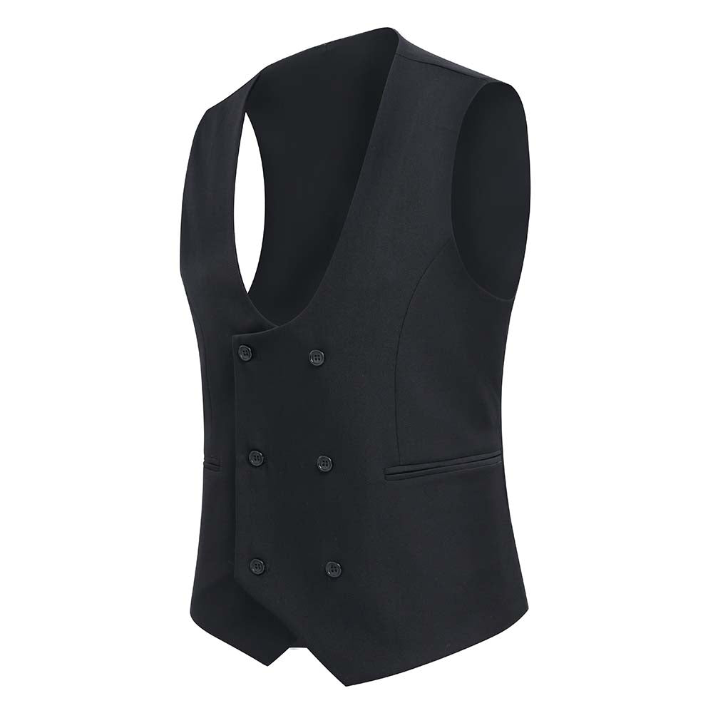 Black # Men's slim fit double breasted vest with u-neck and button closure, sleeveless waistcoat with adjustable strap belt and fully lined interior, versatile black formal vest for wedding, banquet, party, business and daily wear, isolated on white background.