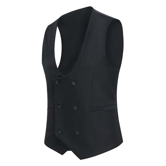Black # Men's slim fit double breasted vest with u-neck and button closure, sleeveless waistcoat with adjustable strap belt and fully lined interior, versatile black formal vest for wedding, banquet, party, business and daily wear, isolated on white background.