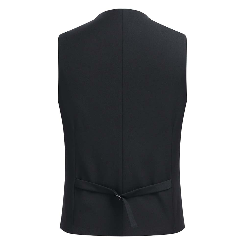 Black # Men's slim fit double breasted vest with u-neck and button closure, sleeveless waistcoat with adjustable strap belt and fully lined interior, versatile black formal vest for wedding, banquet, party, business and daily wear, isolated on white background.