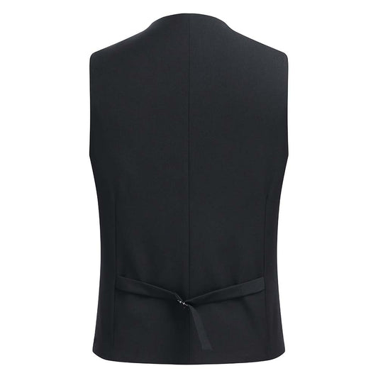 Black # Men's slim fit double breasted vest with u-neck and button closure, sleeveless waistcoat with adjustable strap belt and fully lined interior, versatile black formal vest for wedding, banquet, party, business and daily wear, isolated on white background.
