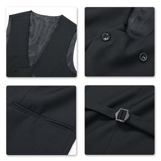 Black # Men's slim fit double breasted vest with u-neck and button closure, sleeveless waistcoat with adjustable strap belt and fully lined interior, versatile black formal vest for wedding, banquet, party, business and daily wear, isolated on white background.