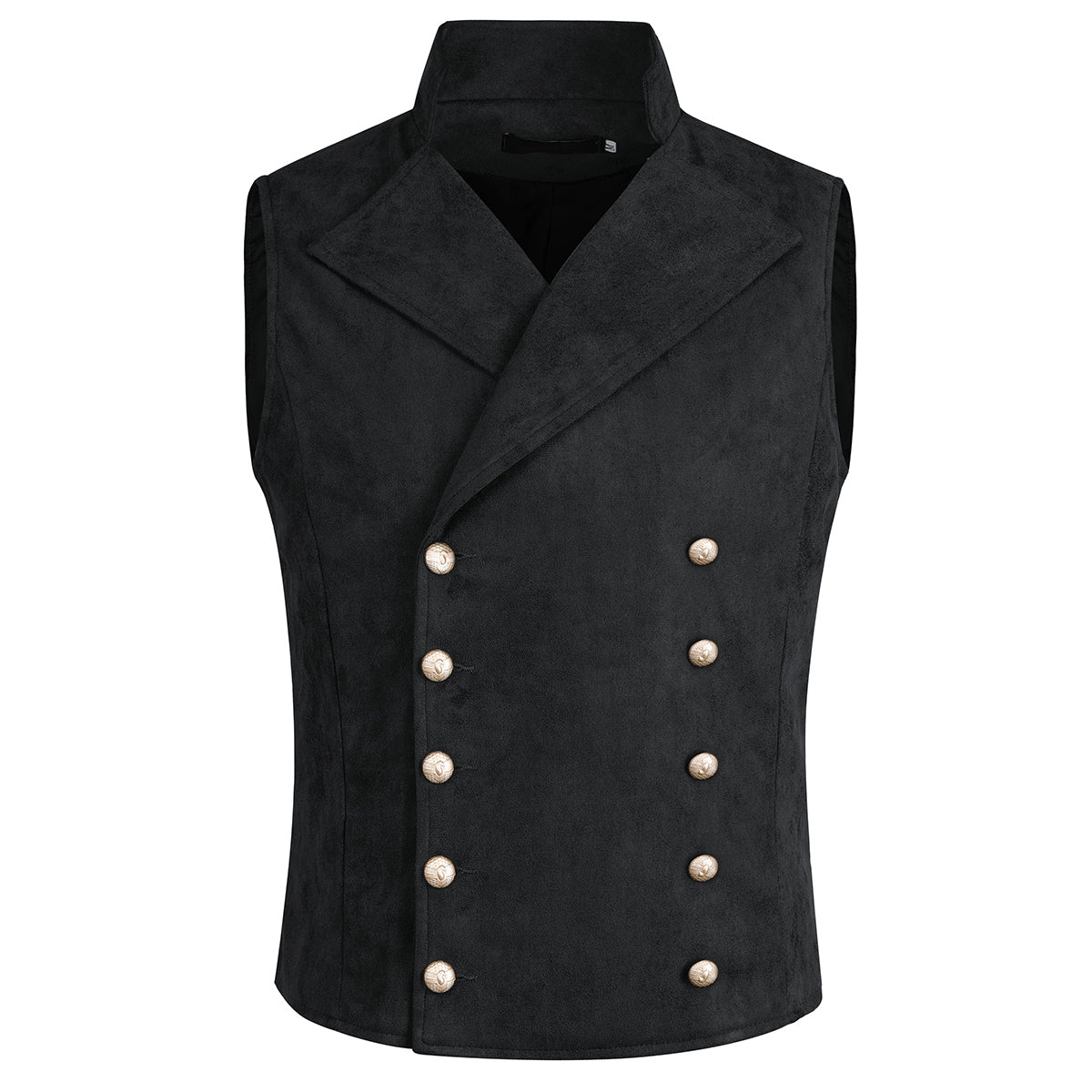 Black # Men's slim fit double breasted velvet gothic steampunk vest with stand collar and sleeveless design, black faux suede medieval Victorian style waistcoat for wedding, cosplay, prom, costume party, stage show and festival, isolated on white background.