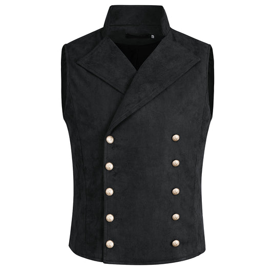 Black # Men's slim fit double breasted velvet gothic steampunk vest with stand collar and sleeveless design, black faux suede medieval Victorian style waistcoat for wedding, cosplay, prom, costume party, stage show and festival, isolated on white background.