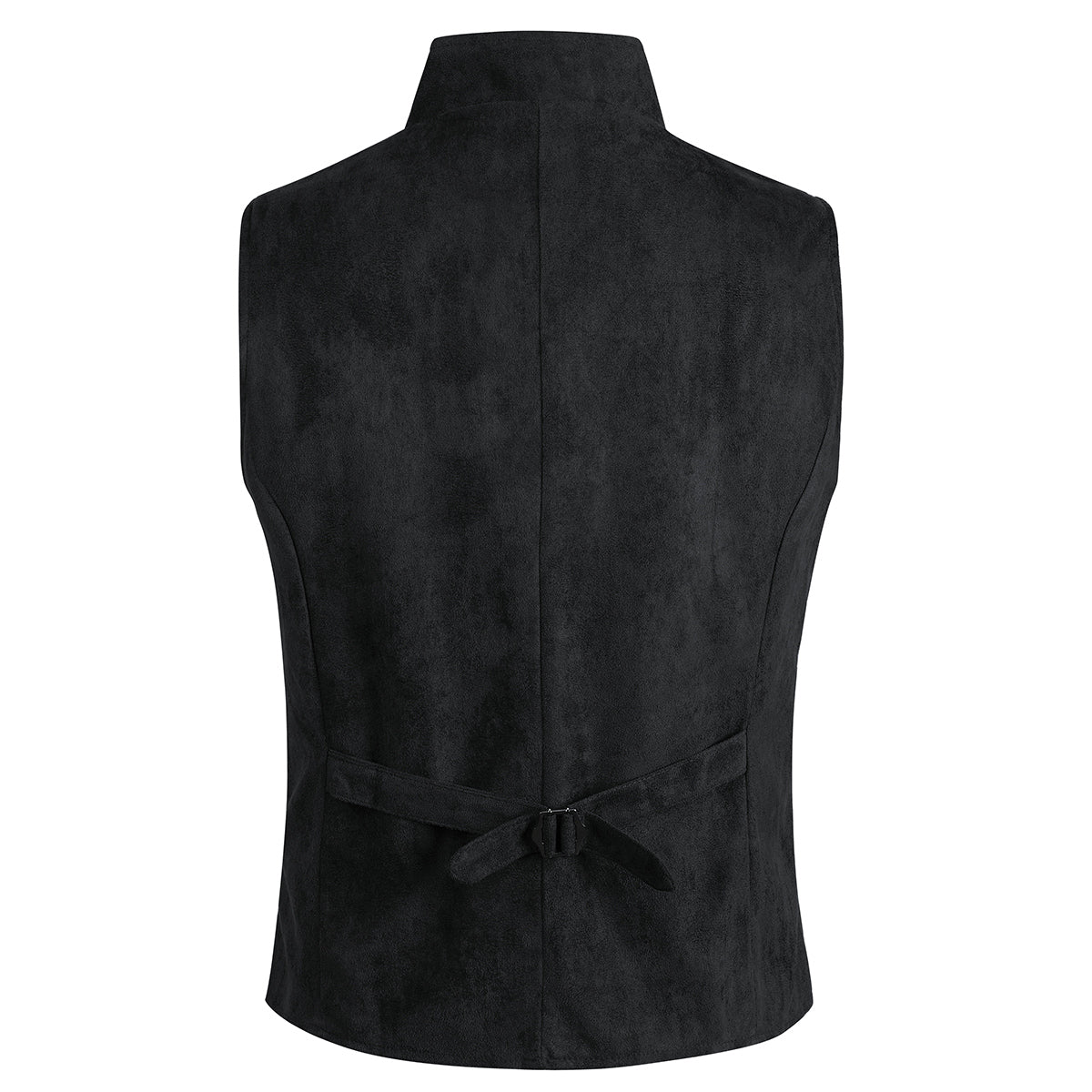 Black # Men's slim fit double breasted velvet gothic steampunk vest with stand collar and sleeveless design, black faux suede medieval Victorian style waistcoat for wedding, cosplay, prom, costume party, stage show and festival, isolated on white background.
