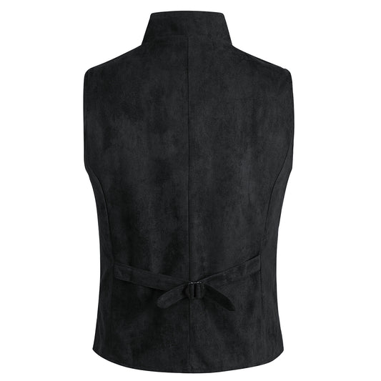 Black # Men's slim fit double breasted velvet gothic steampunk vest with stand collar and sleeveless design, black faux suede medieval Victorian style waistcoat for wedding, cosplay, prom, costume party, stage show and festival, isolated on white background.