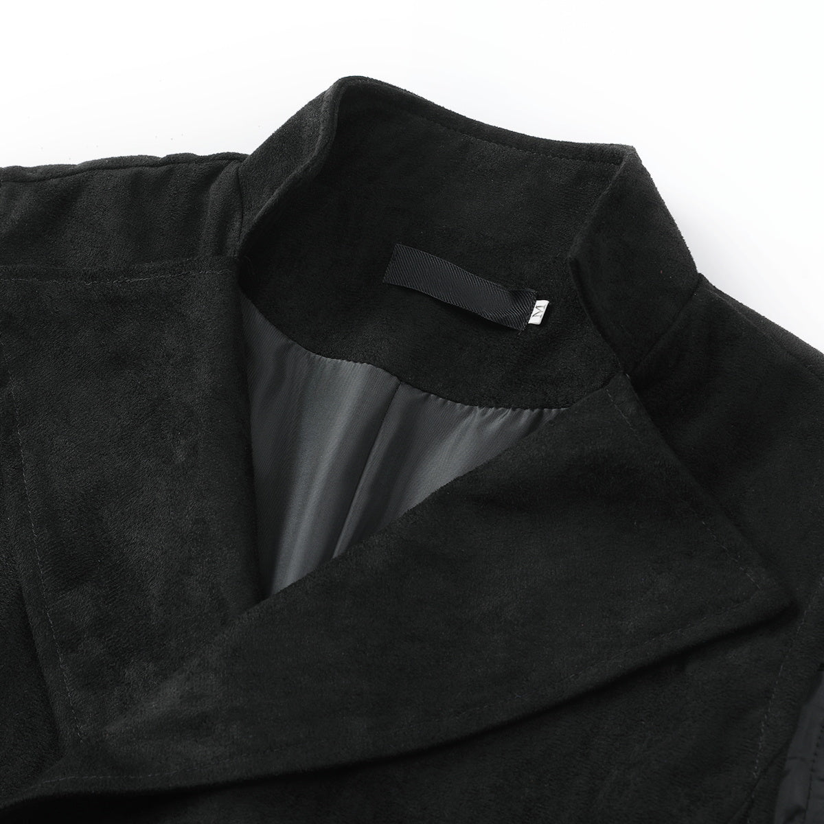 Black # Men's slim fit double breasted velvet gothic steampunk vest with stand collar and sleeveless design, black faux suede medieval Victorian style waistcoat for wedding, cosplay, prom, costume party, stage show and festival, isolated on white background.