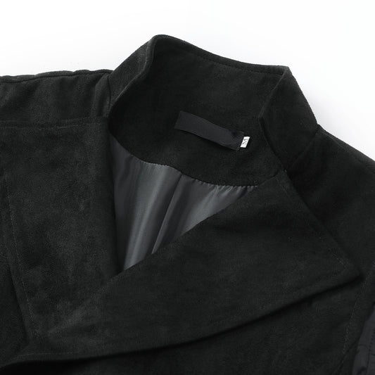 Black # Men's slim fit double breasted velvet gothic steampunk vest with stand collar and sleeveless design, black faux suede medieval Victorian style waistcoat for wedding, cosplay, prom, costume party, stage show and festival, isolated on white background.