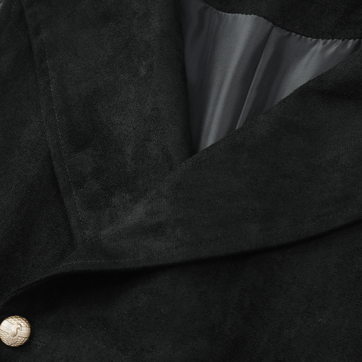Black # Men's slim fit double breasted velvet gothic steampunk vest with stand collar and sleeveless design, black faux suede medieval Victorian style waistcoat for wedding, cosplay, prom, costume party, stage show and festival, isolated on white background.