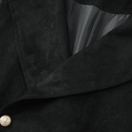 Black # Men's slim fit double breasted velvet gothic steampunk vest with stand collar and sleeveless design, black faux suede medieval Victorian style waistcoat for wedding, cosplay, prom, costume party, stage show and festival, isolated on white background.