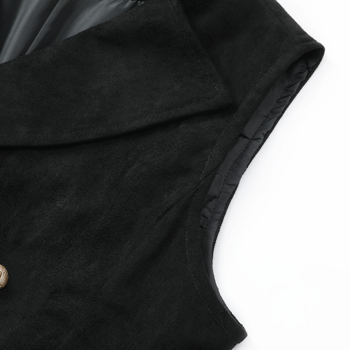 Black # Men's slim fit double breasted velvet gothic steampunk vest with stand collar and sleeveless design, black faux suede medieval Victorian style waistcoat for wedding, cosplay, prom, costume party, stage show and festival, isolated on white background.