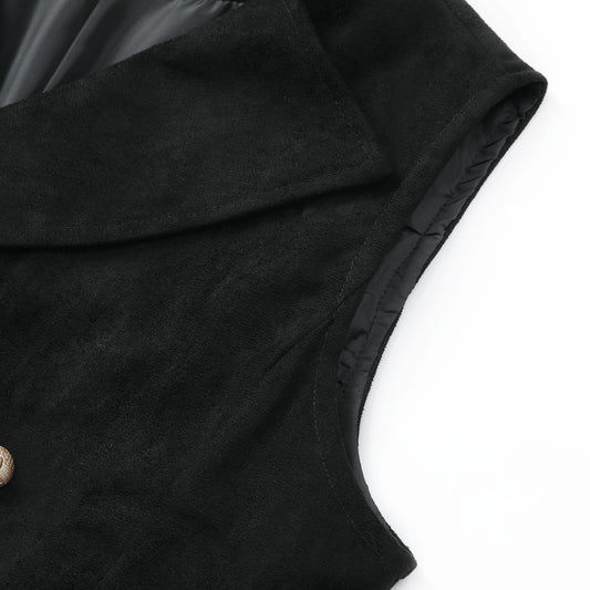 Black # Men's slim fit double breasted velvet gothic steampunk vest with stand collar and sleeveless design, black faux suede medieval Victorian style waistcoat for wedding, cosplay, prom, costume party, stage show and festival, isolated on white background.