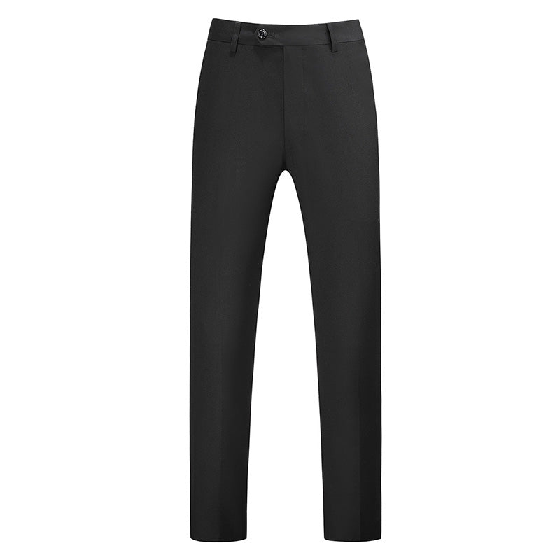 Black # Men's modern fit straight leg classic dress pants with flat front and extended waist strap, black cotton polyester blend trousers with slanted side pockets for business, office and daily wear, isolated on white background.