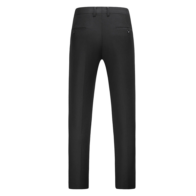 Black # Men's modern fit straight leg classic dress pants with flat front and extended waist strap, black cotton polyester blend trousers with slanted side pockets for business, office and daily wear, isolated on white background.