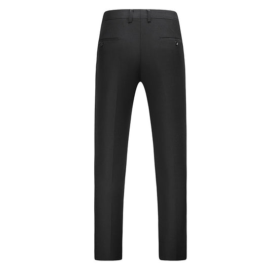 Black # Men's modern fit straight leg classic dress pants with flat front and extended waist strap, black cotton polyester blend trousers with slanted side pockets for business, office and daily wear, isolated on white background.