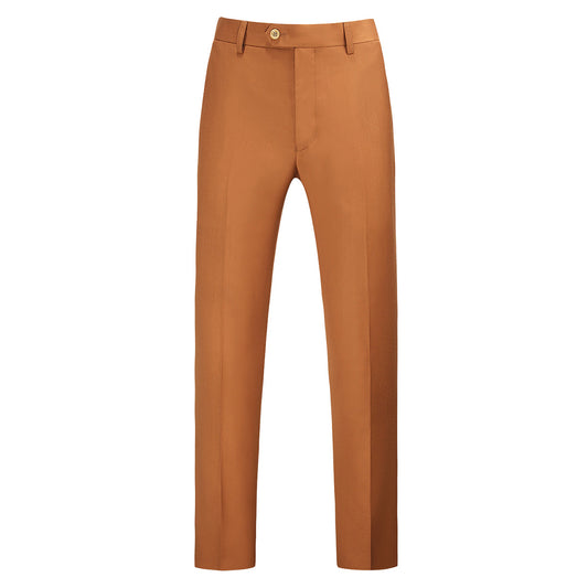 GoldenRod # Men's modern fit straight leg classic dress pants with flat front and extended waist strap, comfortable cotton polyester blend slacks with slanted side pockets for business, office, wedding and daily wear, isolated on white background.