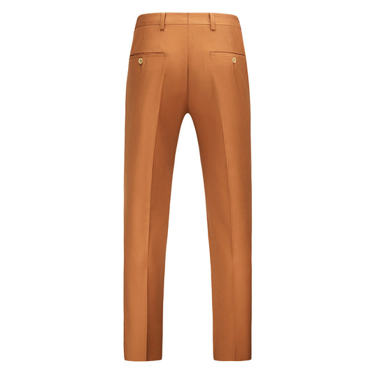 GoldenRod # Men's modern fit straight leg classic dress pants with flat front and extended waist strap, comfortable cotton polyester blend slacks with slanted side pockets for business, office, wedding and daily wear, isolated on white background.