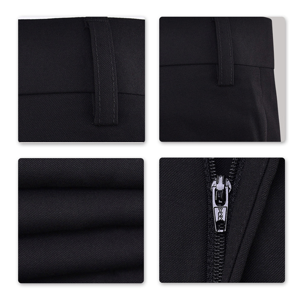 Black # Men's classic slim fit stretch flat front dress pants with extended waist strap and slanted side pockets, comfortable polyester blend slacks for business, office, wedding and daily wear, isolated on white background.