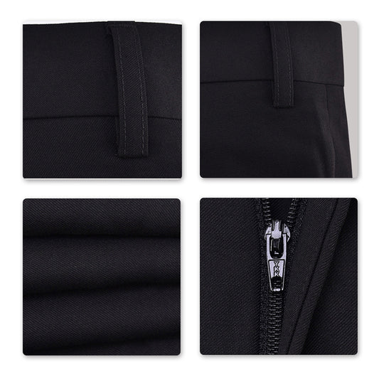 Black # Men's classic slim fit stretch flat front dress pants with extended waist strap and slanted side pockets, comfortable polyester blend slacks for business, office, wedding and daily wear, isolated on white background.