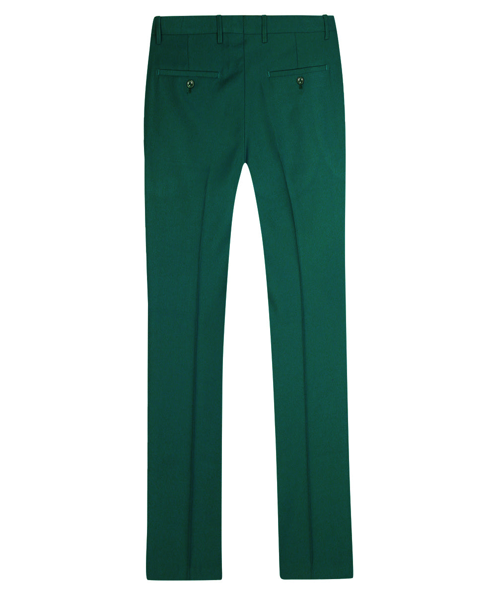 Green # Men's classic slim fit stretch flat front dress pants with extended waist strap and slanted side pockets, comfortable green slacks in polyester viscose blend for business, office, wedding and daily wear, isolated on white background.