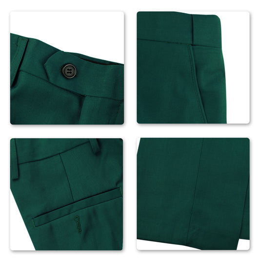 Green # Men's classic slim fit stretch flat front dress pants with extended waist strap and slanted side pockets, comfortable green slacks in polyester viscose blend for business, office, wedding and daily wear, isolated on white background.
