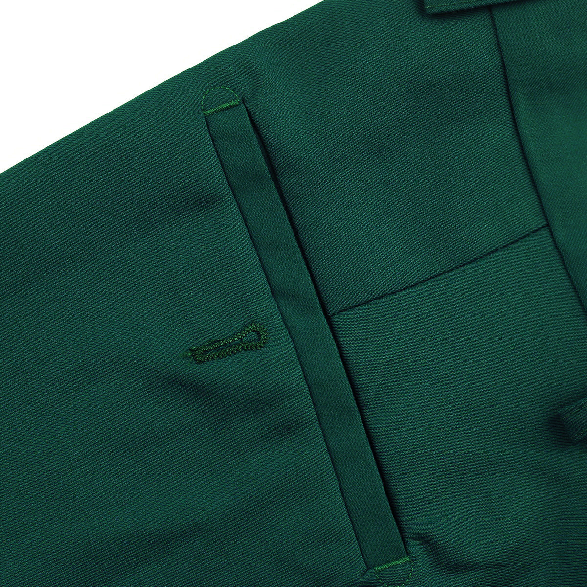 Green # Men's classic slim fit stretch flat front dress pants with extended waist strap and slanted side pockets, comfortable green slacks in polyester viscose blend for business, office, wedding and daily wear, isolated on white background.
