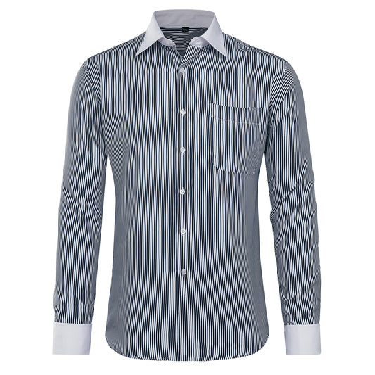 Black # Men's slim fit button-down stripe checked dress shirt, long sleeve point collar with 2-button cuffs, soft breathable polyester casual formal top for business, office, wedding, party and daily wear, isolated on white background.