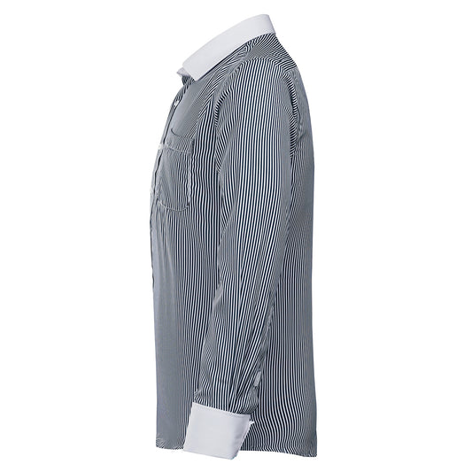 Black # Men's slim fit button-down stripe checked dress shirt, long sleeve point collar with 2-button cuffs, soft breathable polyester casual formal top for business, office, wedding, party and daily wear, isolated on white background.