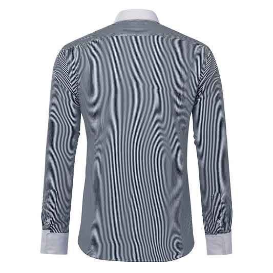 Black # Men's slim fit button-down stripe checked dress shirt, long sleeve point collar with 2-button cuffs, soft breathable polyester casual formal top for business, office, wedding, party and daily wear, isolated on white background.